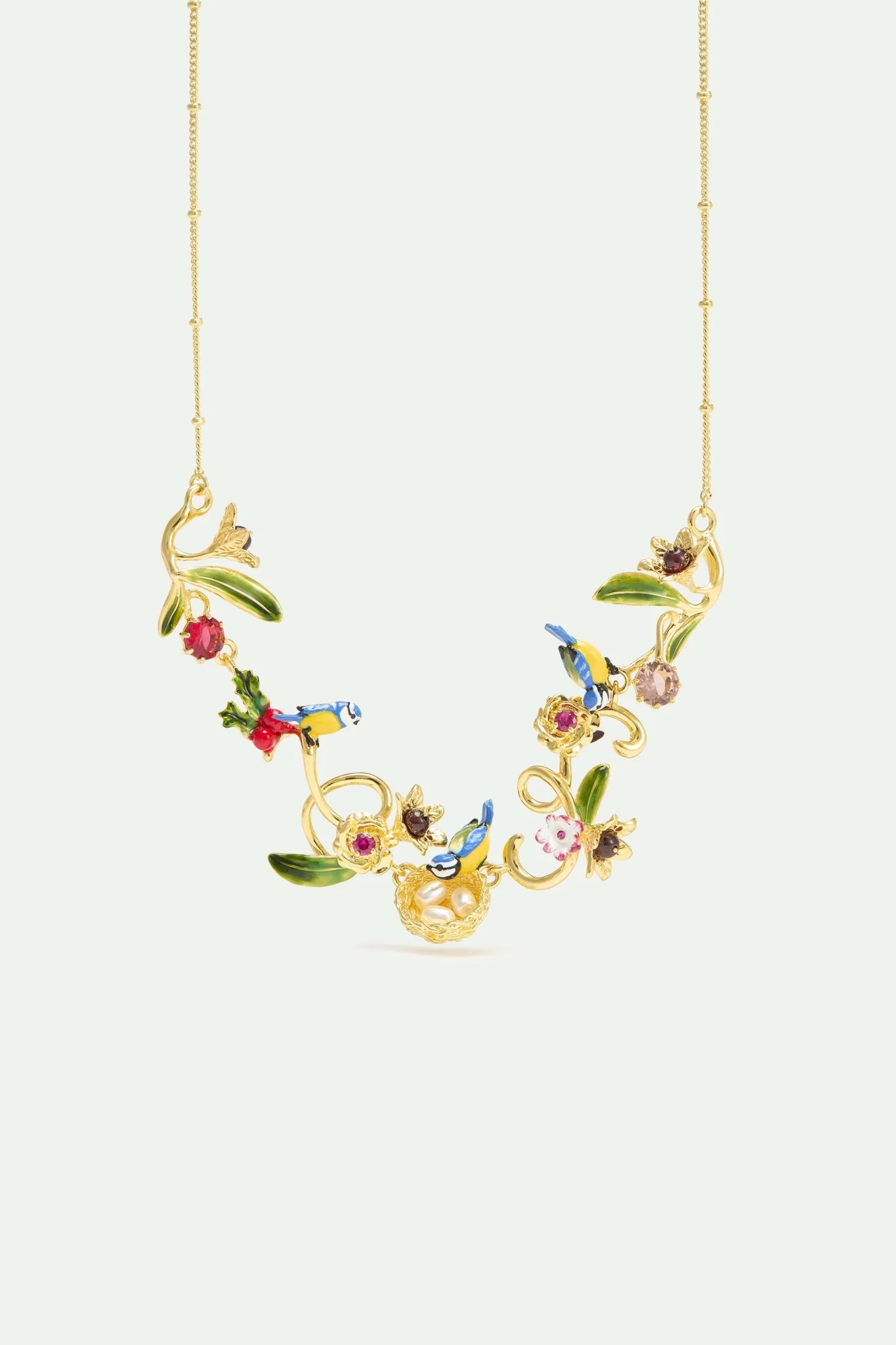 Gold Nest Necklace With Blue Titmouse, Pearls And Pink Stones | AXAM3051
