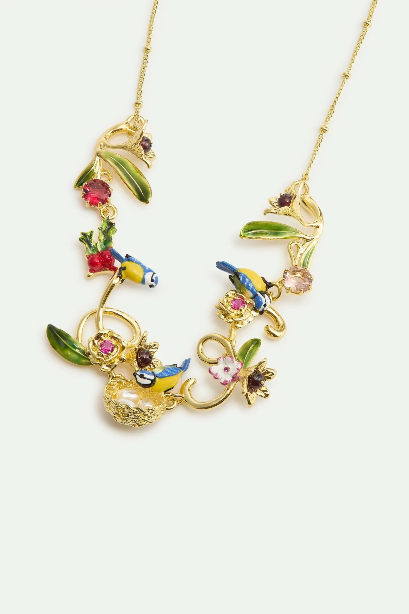 Gold Nest Necklace With Blue Titmouse, Pearls And Pink Stones | AXAM3051 - Image 3