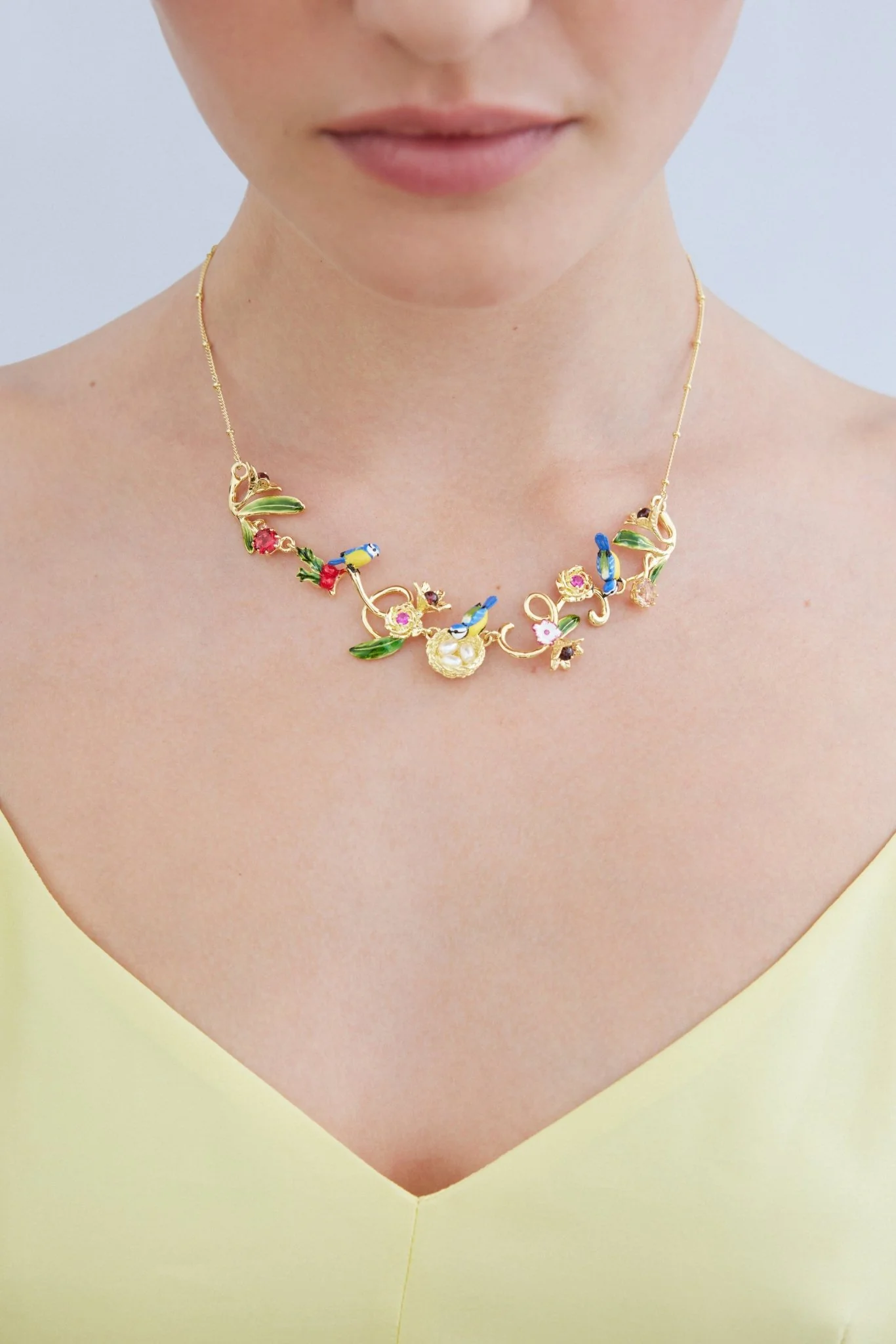 Gold Nest Necklace With Blue Titmouse, Pearls And Pink Stones | AXAM3051 - Image 4