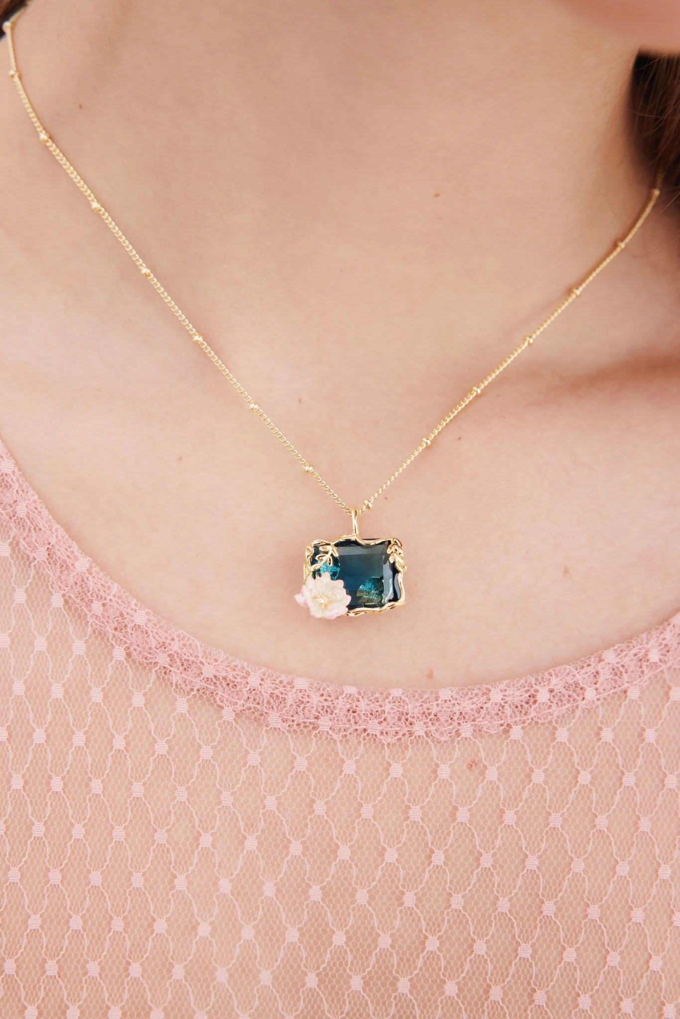 Necklace With Blue And Pink Water Lily Pendant | AXON3031 - Image 3