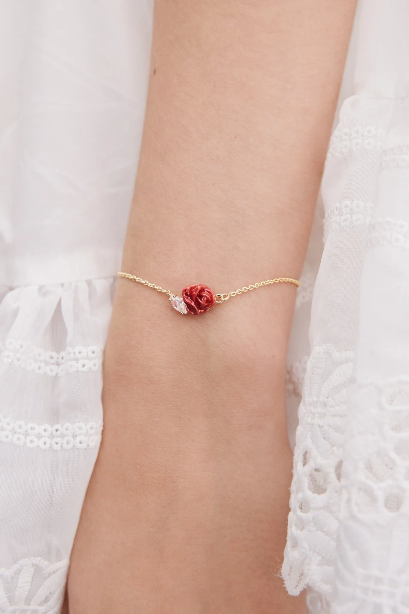 Red Rosebud And Cut Crystal Fine Bracelet | AXOP2011 - Image 3